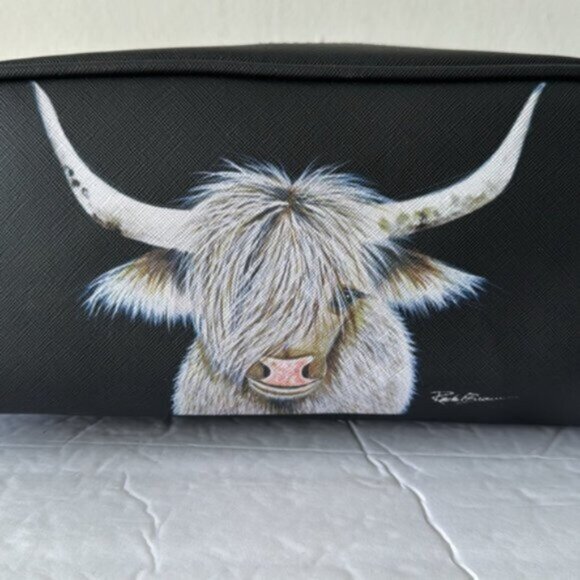 OCS Design Cow Large Cosmetic Bag Pouch Black Top Double zip closure & handle - Picture 4 of 16